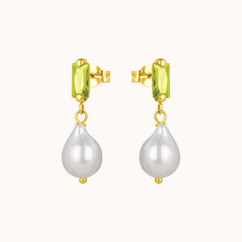 Pendientes Oro 18kt perla y circonita verde oliva Marit