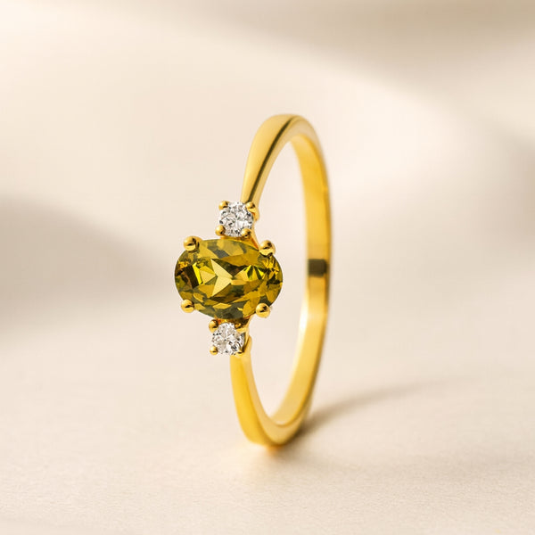 ANILLO OLIVINO Y DIAMANTES PIEDRA DE CUMPLEAÑOS AGOSTO