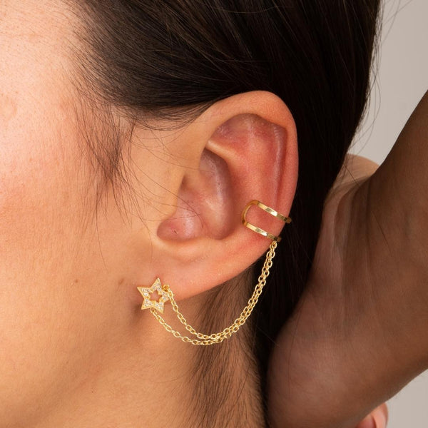 Piercing/pendiente oreja Oro 18kt con estrella con circonitas y doble cadena earcuff para helix Malena