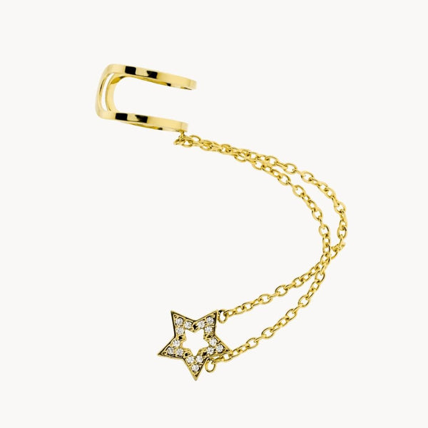 Piercing/pendiente oreja Oro 18kt estrella con circonitas y doble cadena earcuff para helix Malena