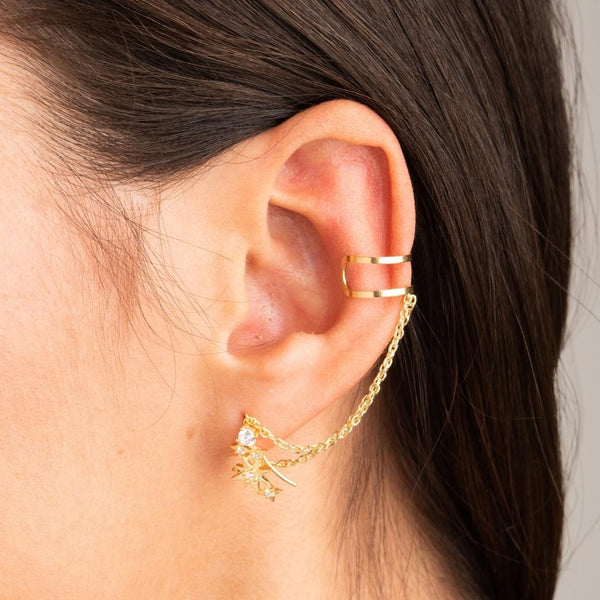 Piercing/pendiente oreja Oro 18kt estrellas con circonitas cadena earcuff para helix Reka