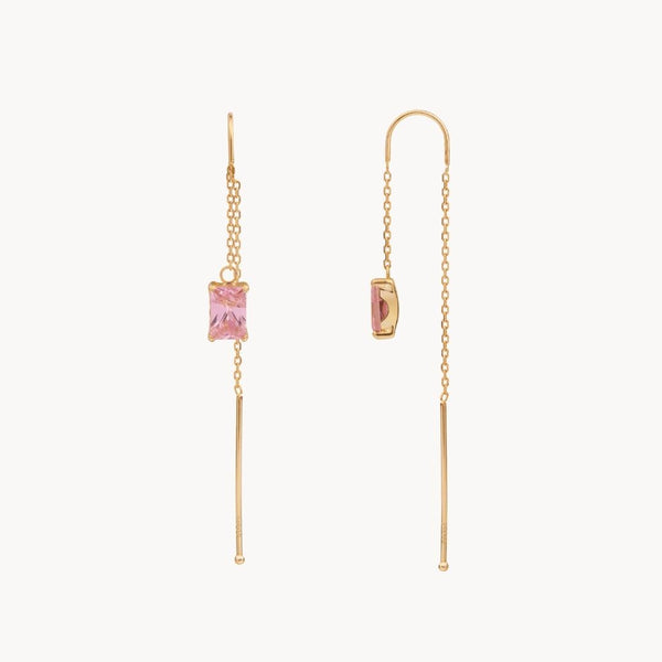 Pendientes Oro 18 kilates sin cierre con cadena y circonita rosa Doris