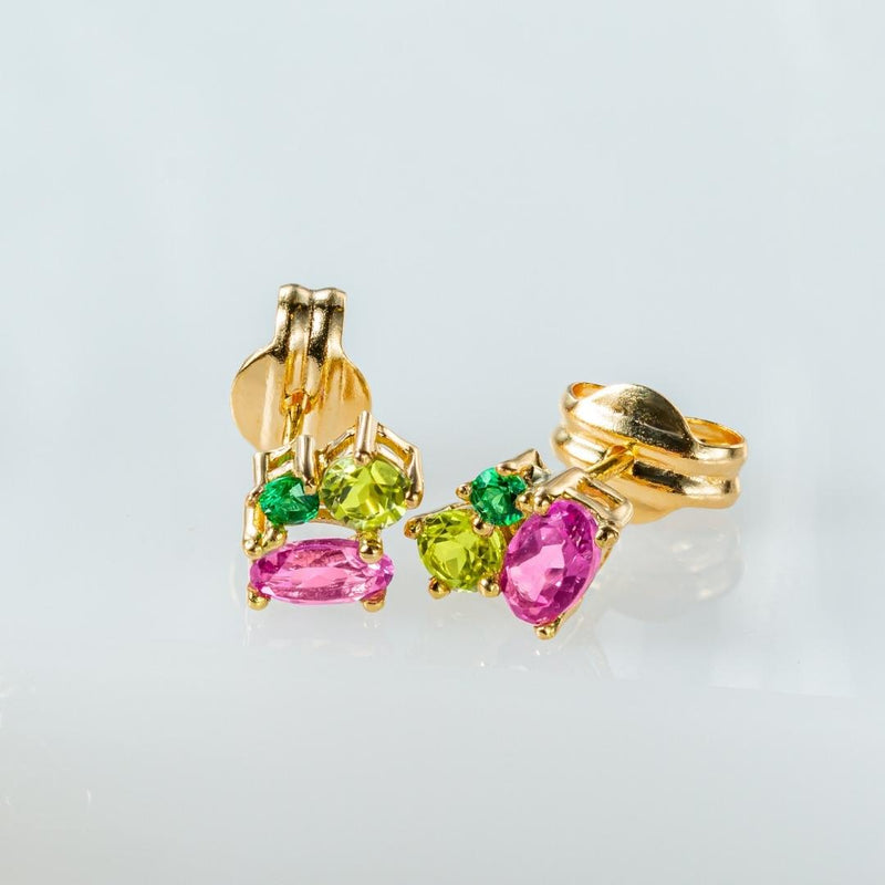 Pendientes Oro 18kt topacio rosa, esmeralda y olivino Virgine