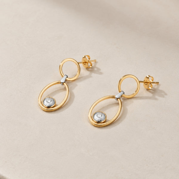 PENDIENTES LARGOS BICOLOR DOBLE CIRCULO CON CIRCONITA