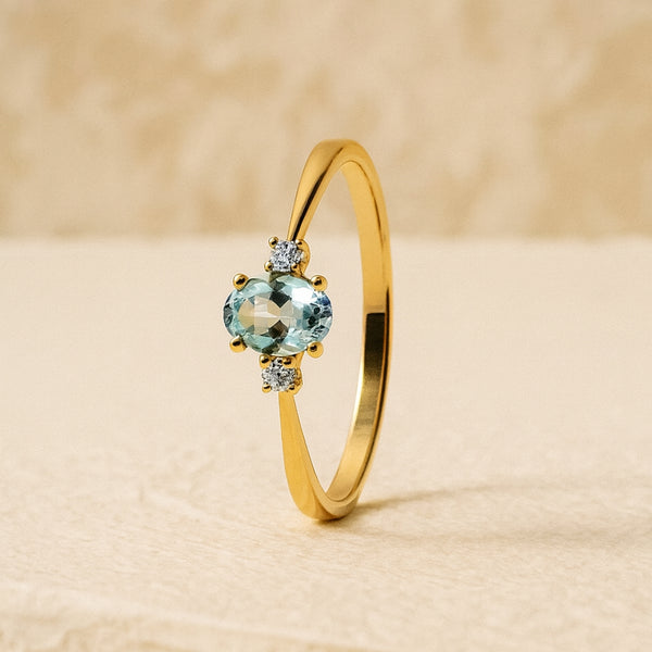 ANILLO AGUAMARINA Y DIAMANTES PIEDRA DE CUMPLEAÑOS MARZO