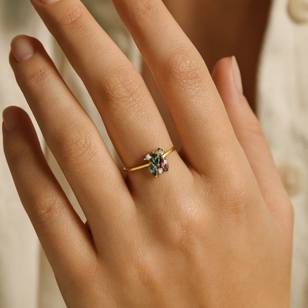 ANILLO AMATISTA, ESMERALDA, AGUAMARINA Y CIRCONITA IMANI