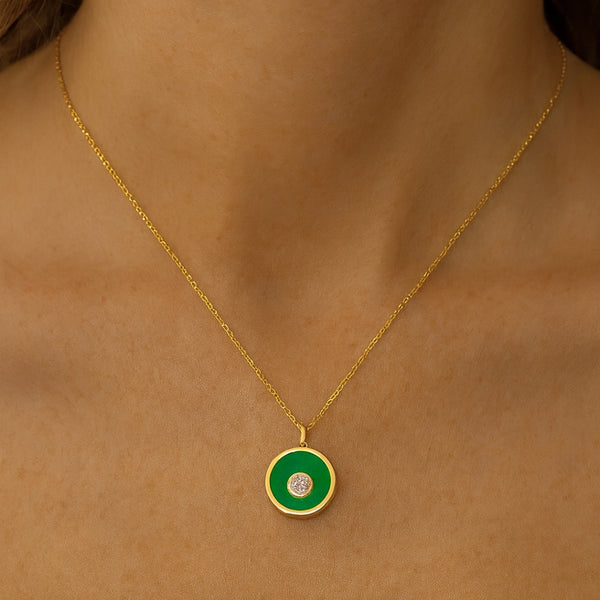 COLGANTE ESMALTE VERDE CIRCULO CON DIAMANTES METIS