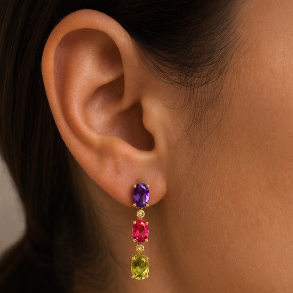 PENDIENTES CON TOPACIO ROSA, OLIVINO, AMATISTA Y DIAMANTES SHIRA