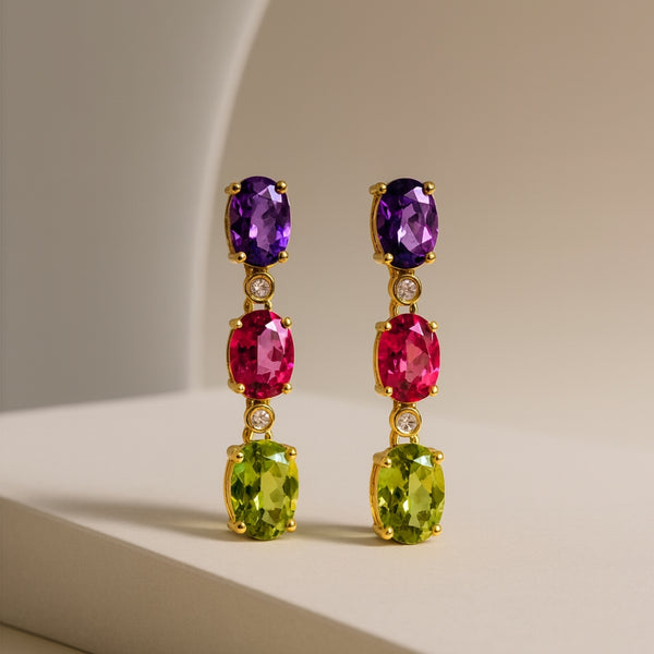 PENDIENTES CON TOPACIO ROSA, OLIVINO, AMATISTA Y DIAMANTES SHIRA