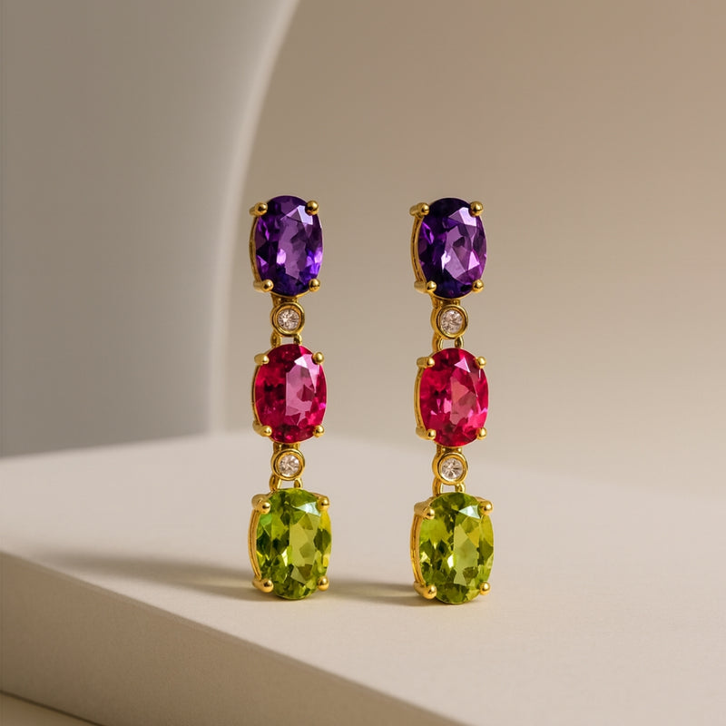 PENDIENTES CON TOPACIO ROSA, OLIVINO, AMATISTA Y DIAMANTES SHIRA