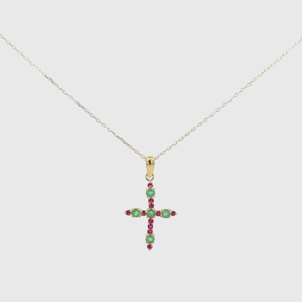 Colgante Oro 18kt cruz con rubies y esmeraldas Malory
