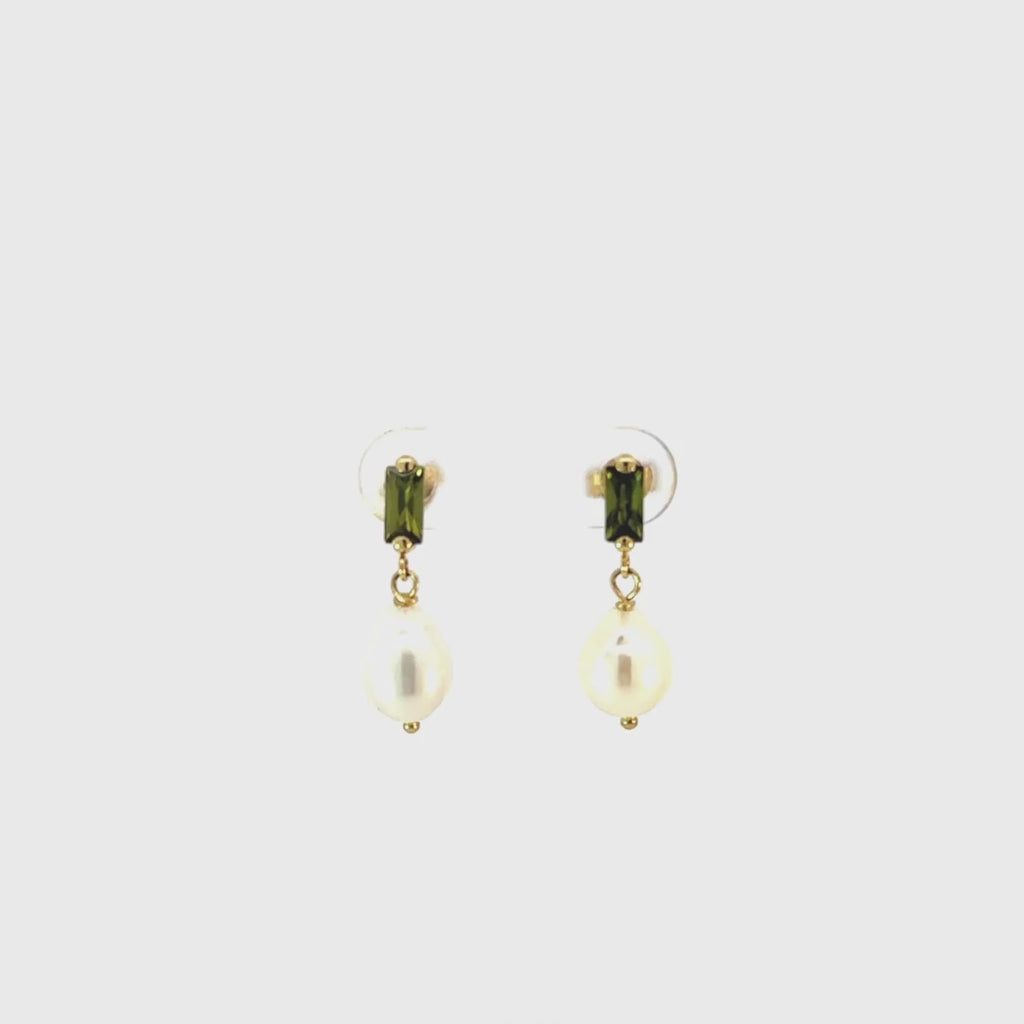 Pendientes Oro 18 kilates perla y circonita verde oliva Marit