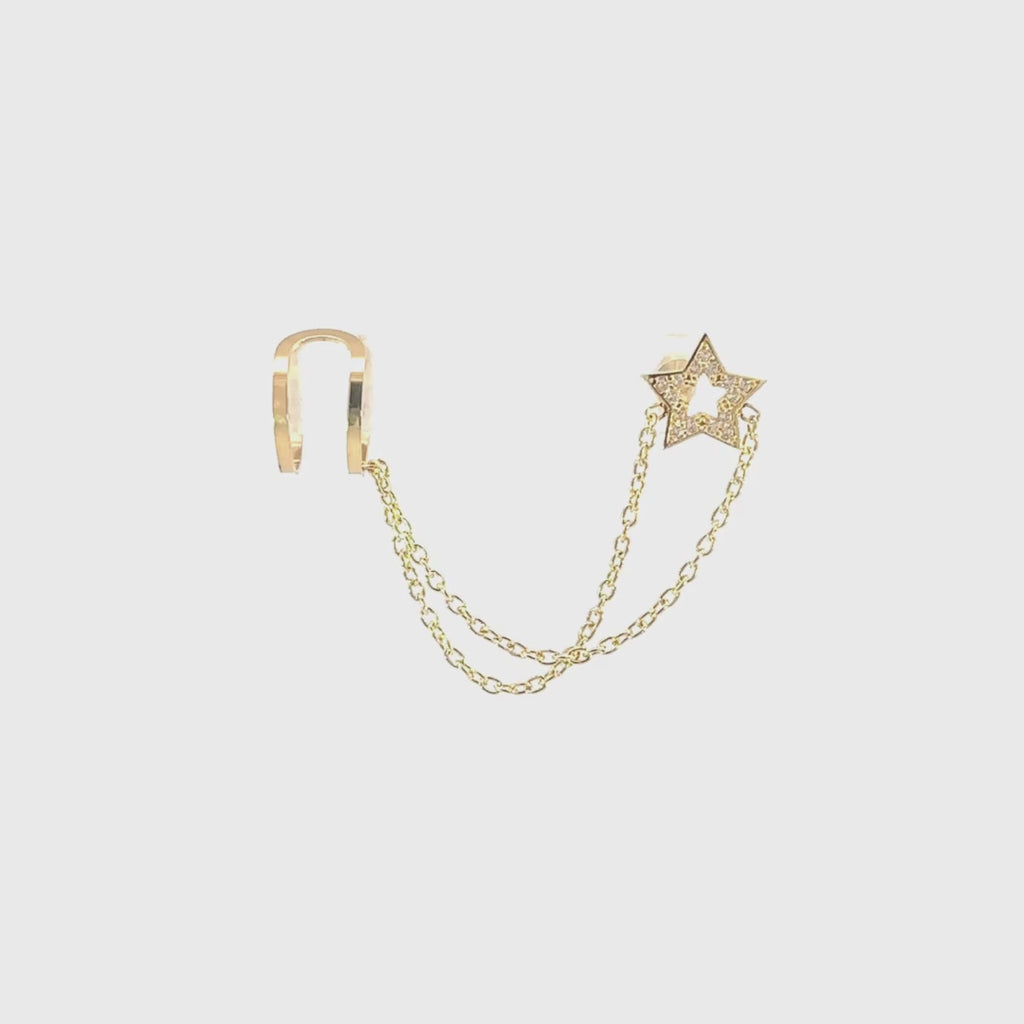 Piercing/pendiente oreja Oro 18kt estrella con circonitas y doble cadena earcuff para el helix Malena
