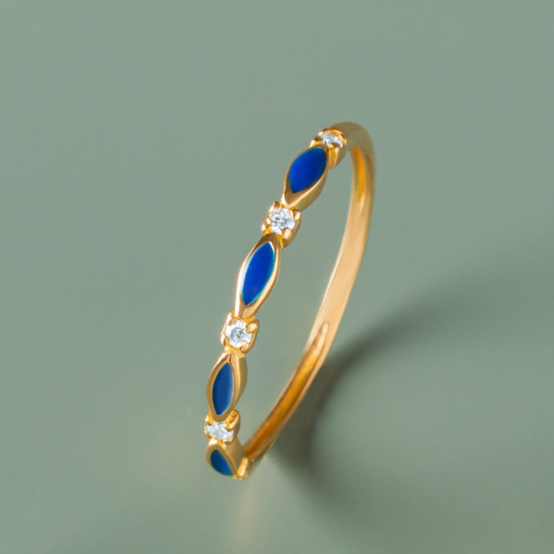 ANILLO ORO 18 KILATES CUATRO DIAMANTES ESMALTE AZUL OVAL COLECCION LIENZO 4