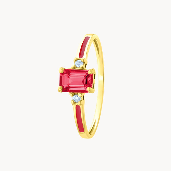 ANILLO ORO 18 KILATES RODOLITA BAGUETTE DIAMANTES Y ESMALTE ROJO COLECCION LIENZO