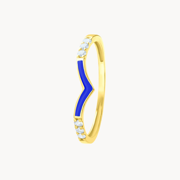 ANILLO ORO 18 KILATES SEIS DIAMANTES ESMALTE EN PICO AZUL COLECCION LIENZO