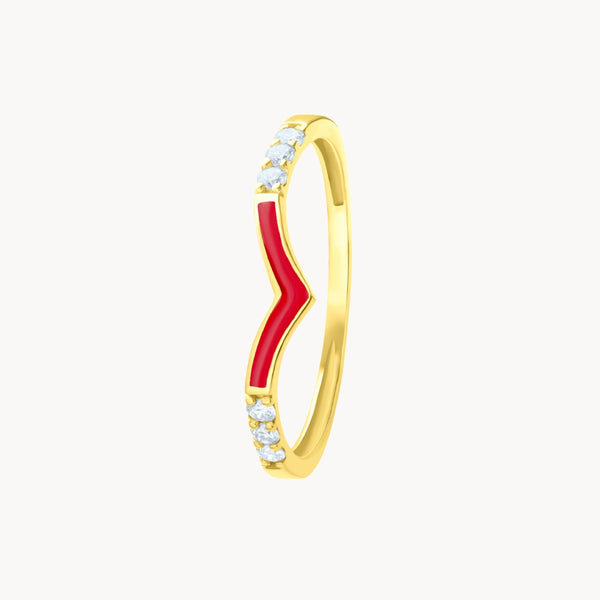 ANILLO ORO 18 KILATES SEIS DIAMANTES ESMALTE EN PICO ROJO COLECCION LIENZO