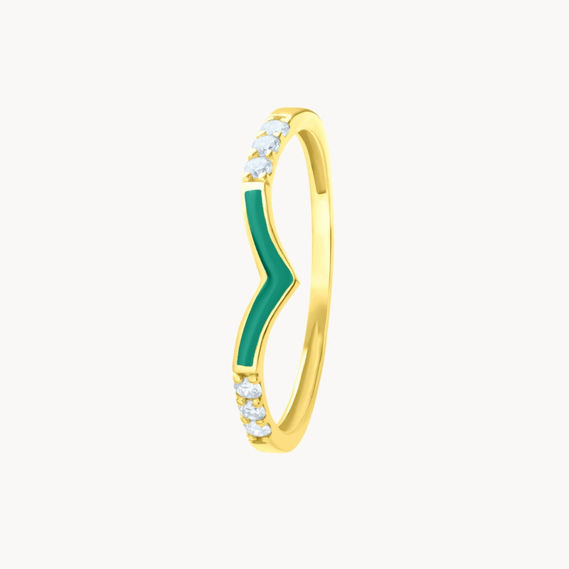 ANILLO ORO 18 KILATES SEIS DIAMANTES ESMALTE EN PICO VERDE COLECCION LIENZO