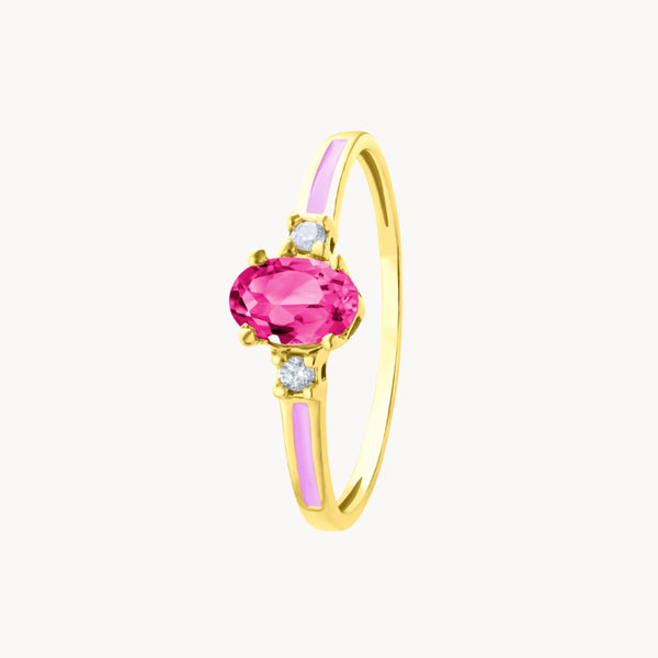 ANILLO ORO 18 KILATES TOPACIO ROSA OVAL DIAMANTES Y ESMALTE ROSA COLECCION LIENZO