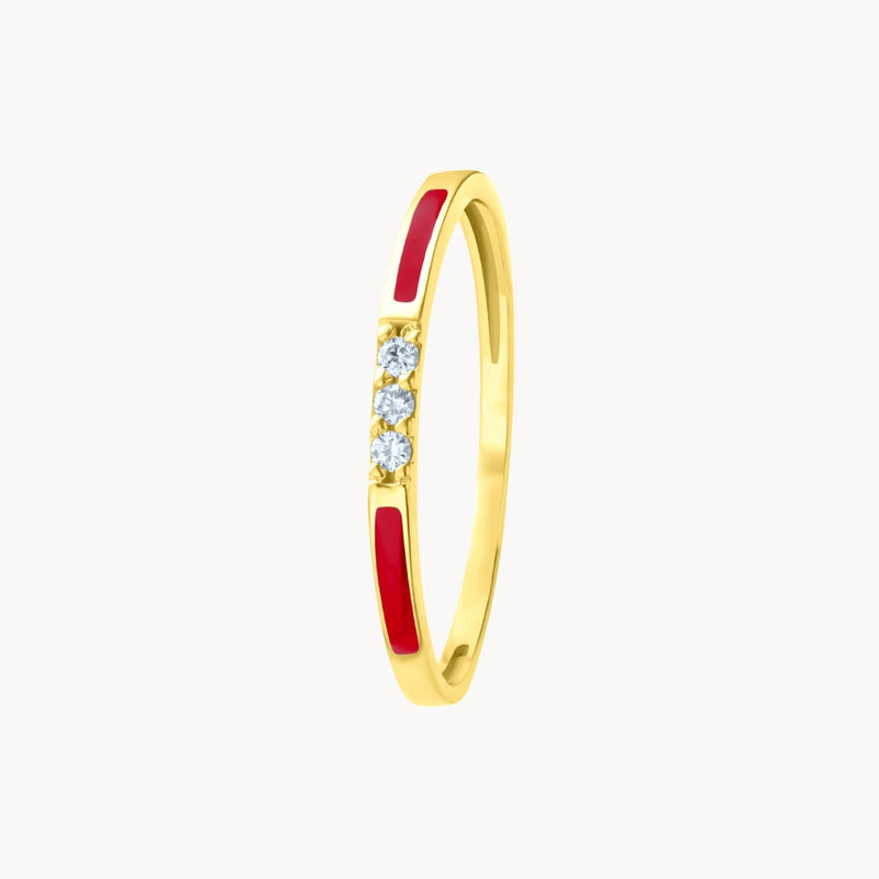 ANILLO ORO 18 KILATES TRES DIAMANTES  ESMALTE ROJO COLECCION LIENZO