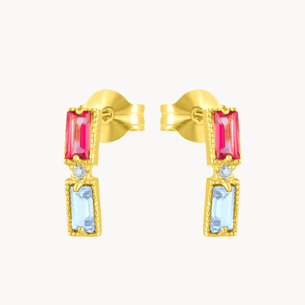 Pendientes Oro 18kt dobles topacio rosa, topacio azul y diamantes